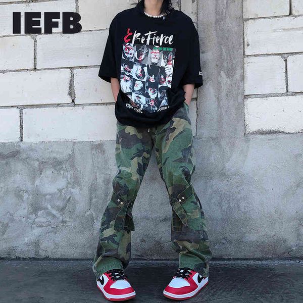 

iefb fashion bandage american camouflage overalls ins high street causal pants men's drawstring elastic waist trousers 210524, Black