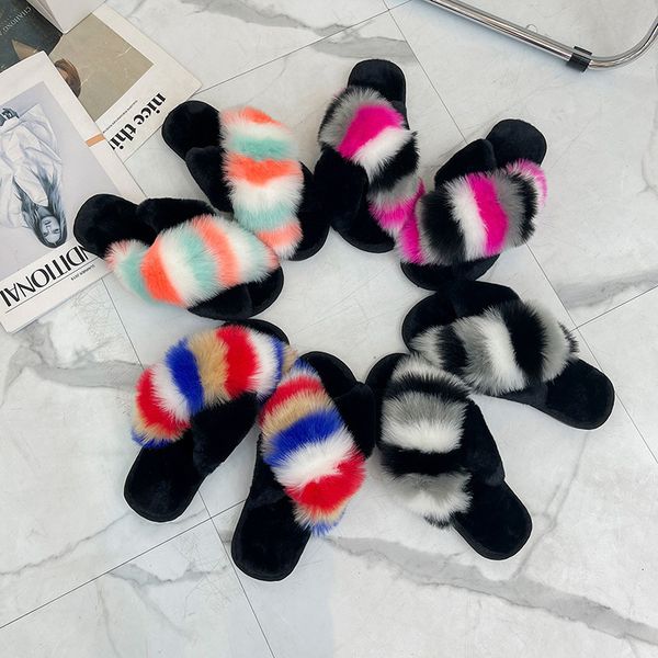 

luxury slippers 2021 large size woolen women's fashion wear flat heel color cross flip flops home warm slippers, Black