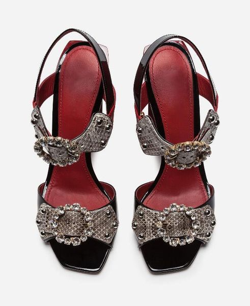 

snake leather chunky heel dress sandals women thick crystal gladiator fashion party shoes pumps, Black