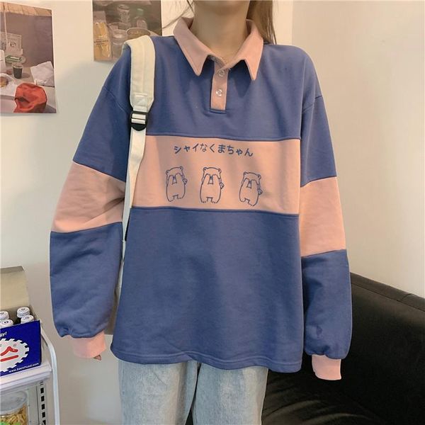 

blue splicing collar pullover vintage sweatshirt women long sleeve loose sports student streetwear autumn plus size fashion women's hoo, Black