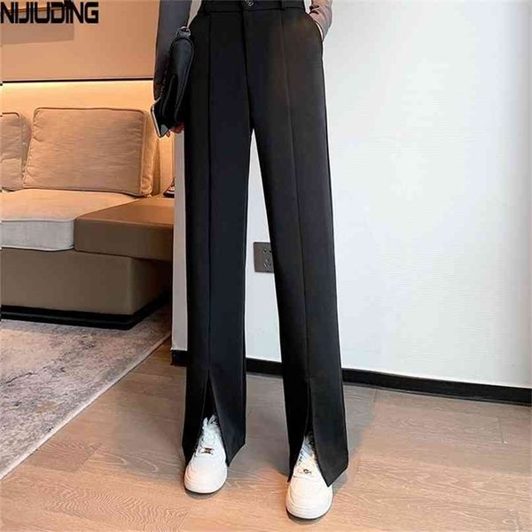 

casual high waist button wide leg pants for women spring summer loose female floor-length split suits ladies trousers 210915, Black;white