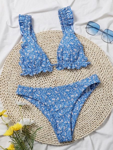

ditsy floral ruffle trim triangle bikini swimsuit 20kr#, White;black