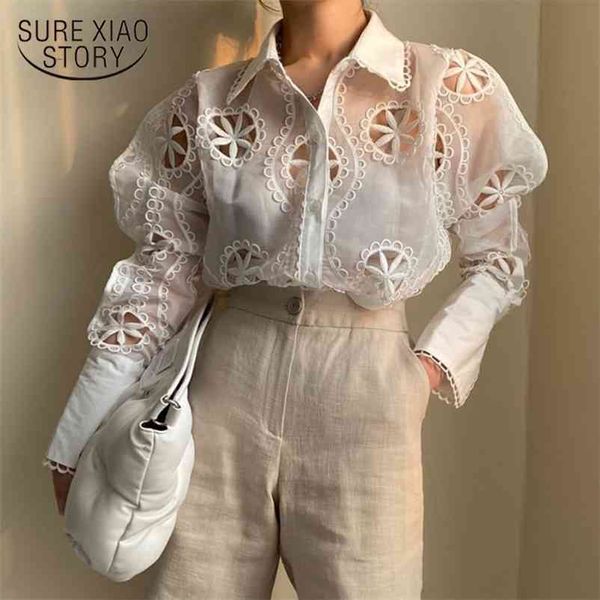 Senhora sexy ver através de manga longa solta blusa branca tops de alta qualidade oca out floral bordado elegante camisa chique 13369 210510