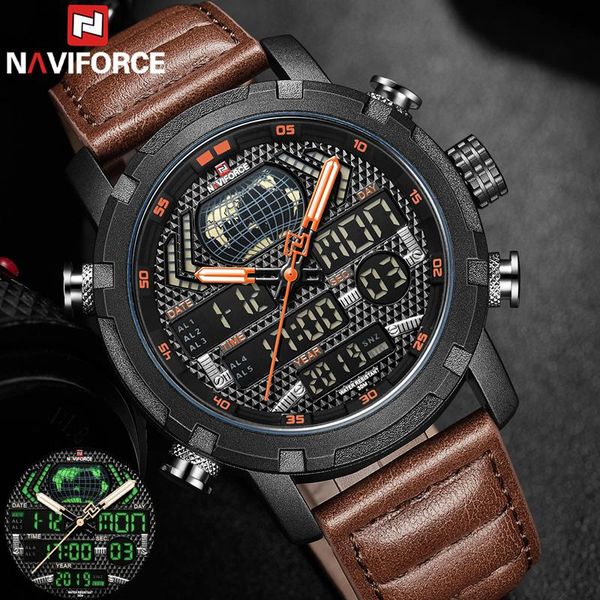 

wristwatches naviforce watch men digital analog sport wristwatch military genuine leather male clock relogio masculino 9160, Slivery;brown