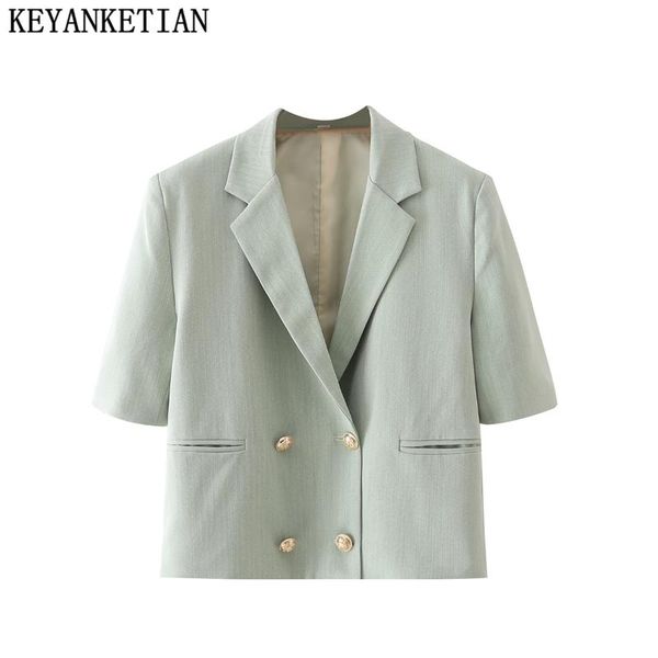 

women's suits & blazers keyanketian summer green herringbone pattern short-sleeved thin short suit office jacket, White;black