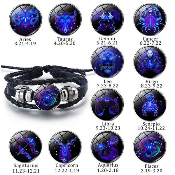 

link, chain ly 12 signs constellation braided leather bracelet punk braid jewelry for men women, Black