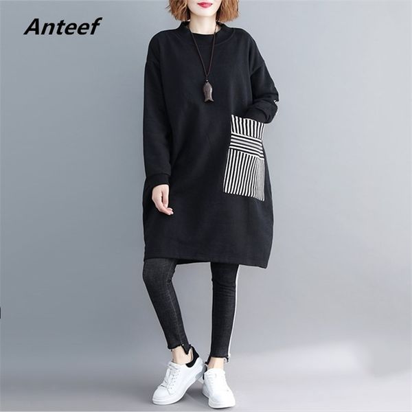 

long sleeve black cotton plus size women casual loose midi autumn winter sweatshirt dress elegant clothes ladies dresses 210517, Black;gray