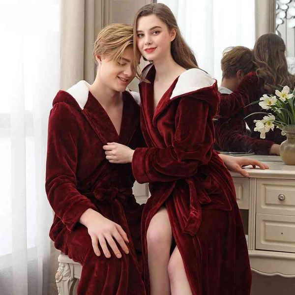 

sleepwear nightgown autumn and winter extended hooded flannel couple women plus-sized plus size coral fleece bathrobe pajamas men, Black;red