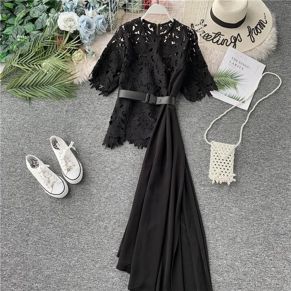 

casual dresses [ewq] 2021 summer round neck lace short sleeve hollow stitching chiffon irregular ladies holiday dress qv1509, Black;gray