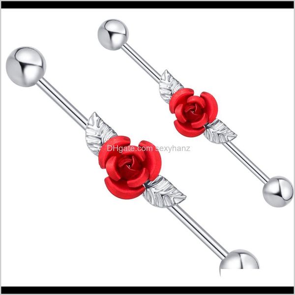 Stecker Tunnel Drop Lieferung 2021 Rote Rose mit Blättern Industrie Piercing Knorpel Barbells 14G Chirurgenstahl Ohr Bar Sexy Körper Ohrring J