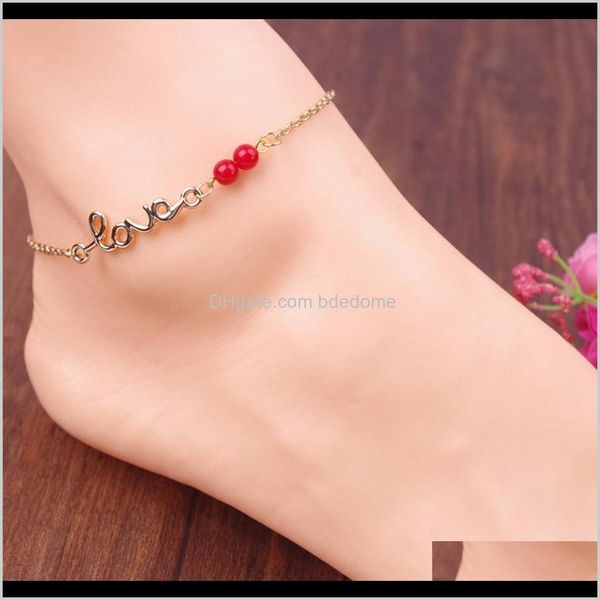 

anklets jewelry drop delivery 2021 love type red bead sier or gold colour metal plated chain for women foot fashion anklet k3bde, Red;blue