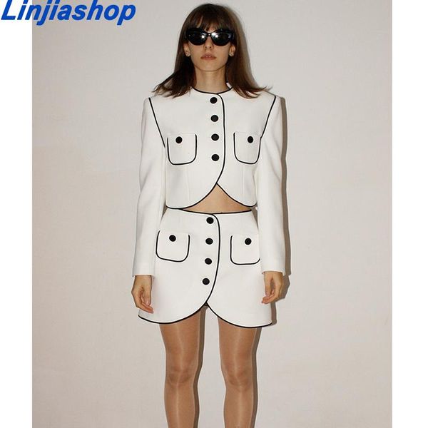

women's suits & blazers suit fashion office long sleeve single-breasted pocket coat +high waist mini skirt 2 piece set clothing, White;black