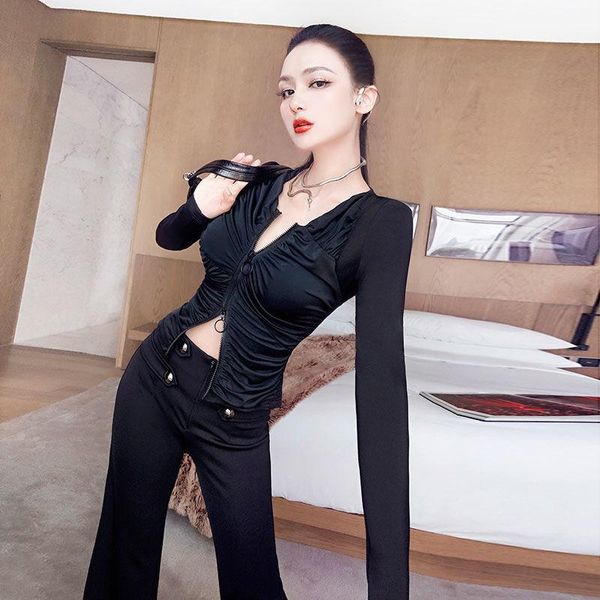 

women's two piece pants design wrinkle suit early autumn 2021 solid color slim fashion high waist flared tracksuit set, White