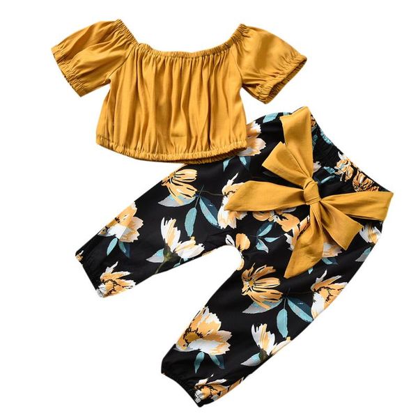 

clothing sets 1 2 3 4 years girl ruched solid crop clothes summer toddler baby girls off shoulder floral bow pants set fashion suit, White