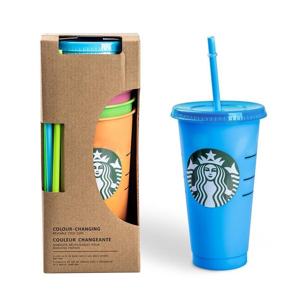 

24oz starbucks color changing plastic tumblers drinking juice cup straw magic coffee mug cold brew cups bulk