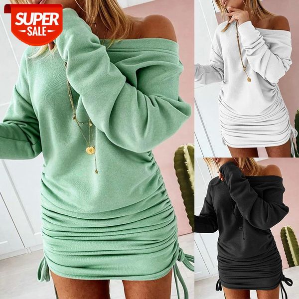 

women solid color casual dress long sleeve o-neck side drawstring fitting soft pleated wrapped hip mini ladies homewear #mt4u, White;black