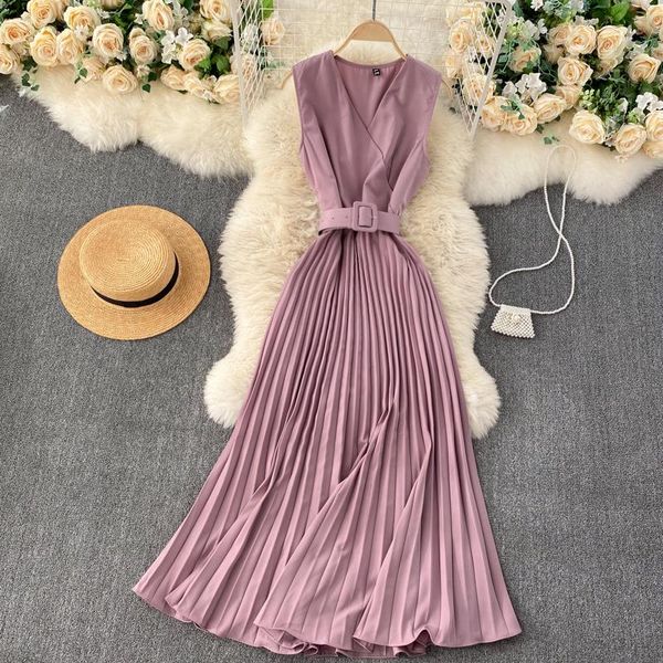 

casual dresses singreiny women french pleated dress summer korean style sleeveless v neck a-line fashion solid streetwear long, Black;gray