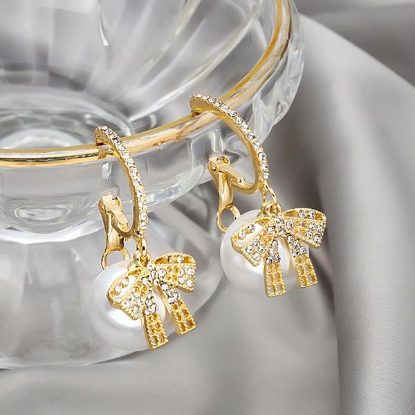

dangle & chandelier 2021 korean fashion luxury pearl bow simple earrings for women gold color crystal pendant party statement woman earring, Silver