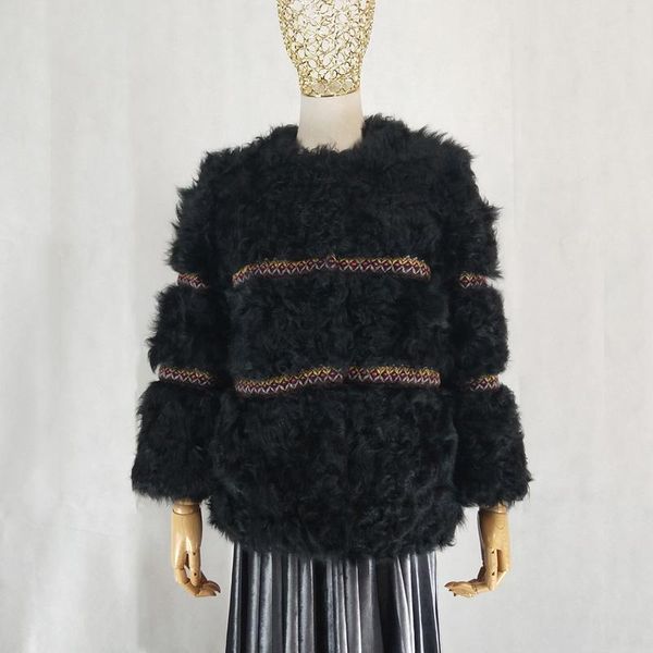 

women's fur & faux casual geniune wool imported lamb coat o-neck women winter duck down jacket natural real sheep coats short clothes, Black