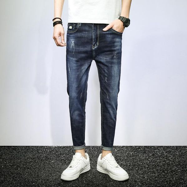 

men's jeans summer men denim pencil pants slim elasticity ankle-length blue