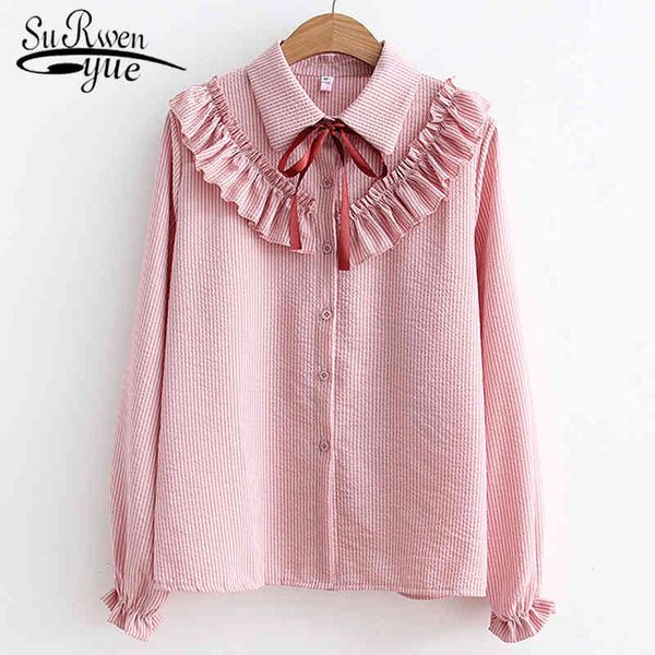 

fashion women chiffon blouses long sleeve bow ruffles shirt casual striped clothing office lady shirts 5141 50 210427, White