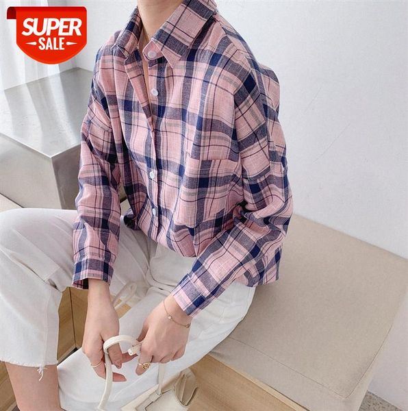 

small fresh air-conditioned plaid shirt women korean women's loose long-sleeved 6673 #rn1v, Black;gray