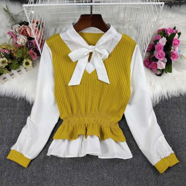 

women 2021 autumn winter fashion knit blouse shirts female long sleeve patchwork chiffon shirt ladies e02 women's blouses &, White