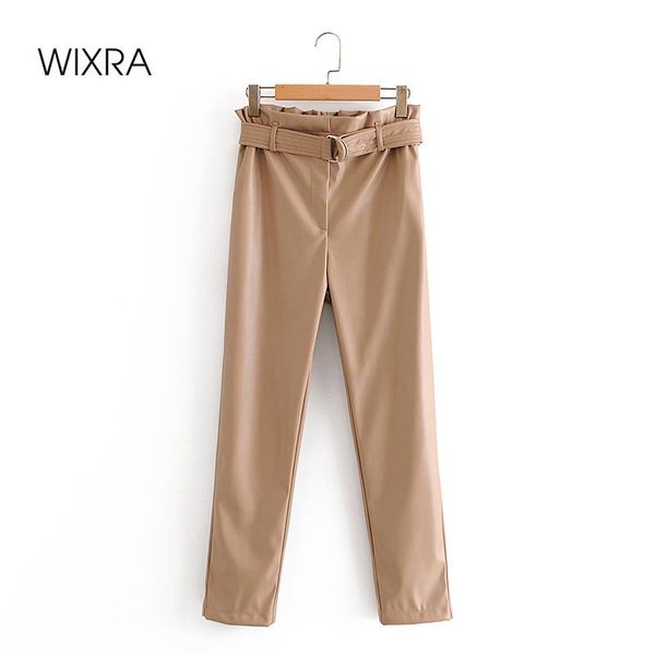 

women's pants & capris wixra faux leather lady warm pu trousers sashes fashion womens high waist elegant pocket streetwear winter, Black;white