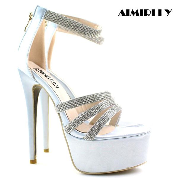 

women shoes ladies open toe high heel platform sandals crystal straps spring summer wedding party light blue aimirlly, Black