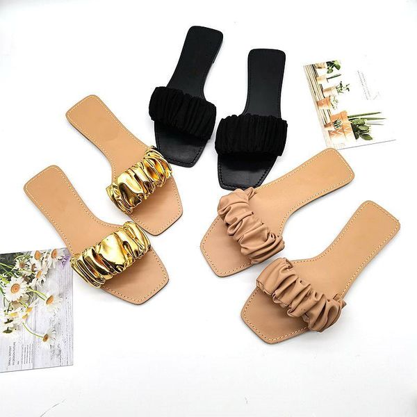 

shoes womens slippers outdoor big size pantofle slides flat soft 2021 pu rome rubber casual pleated basic leisure woman 20, Black