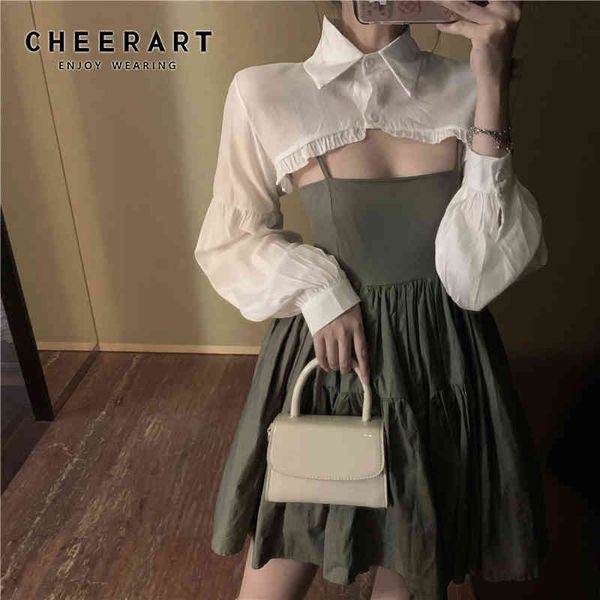 

ruffle white long sleeve smocked women crop summer lantern korean blouse 210427