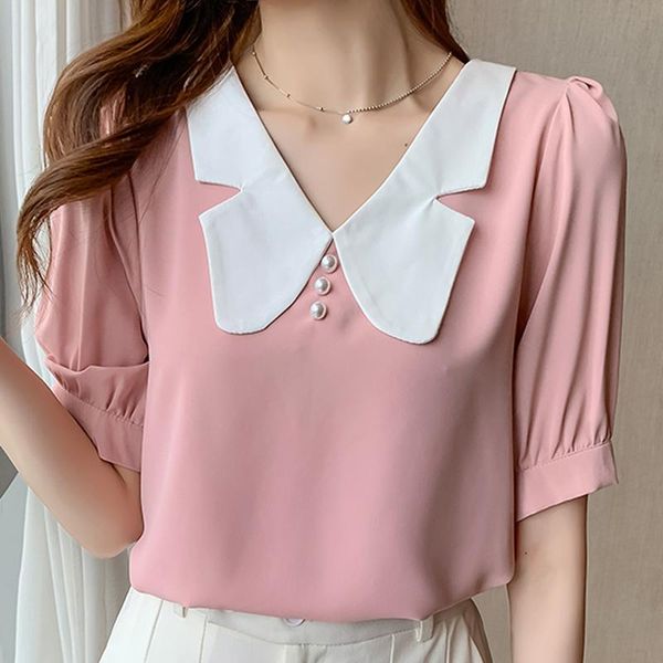 

women's blouses & shirts summer women blouse short sleeve beading v-neck chiffon shirt blusas mujer de moda 2021 f57, White