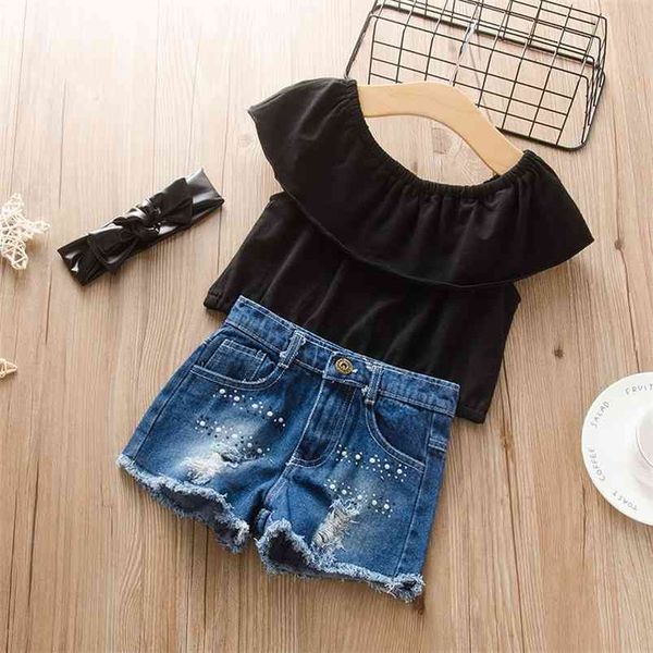 

summer children sets casual short sleeve ruffles black solid denim shorts 2pcs girls clothes 2-9t 210629, White