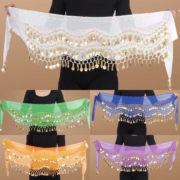 

chiffon chain hip scarf new three-tier gold belly coin waist cover indian dance beginner, Silver