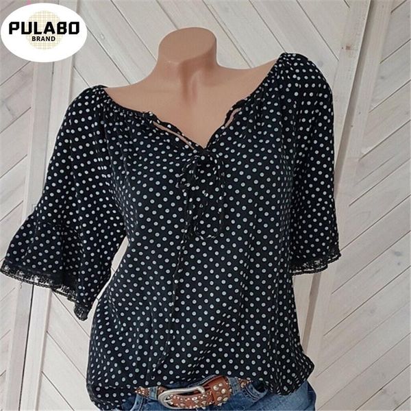 

women's blouses & shirts 5xl plus size womens and summer v neck chiffon blouse 2021 boho short sleeve button polka dot shirt, White