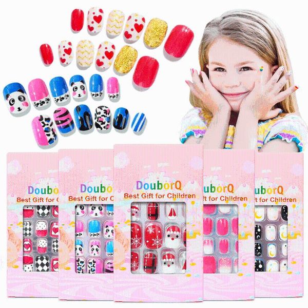 

false nails 120pcs art tips cartoon designs manicure nail press on fake kids for girls decoration, Red;gold