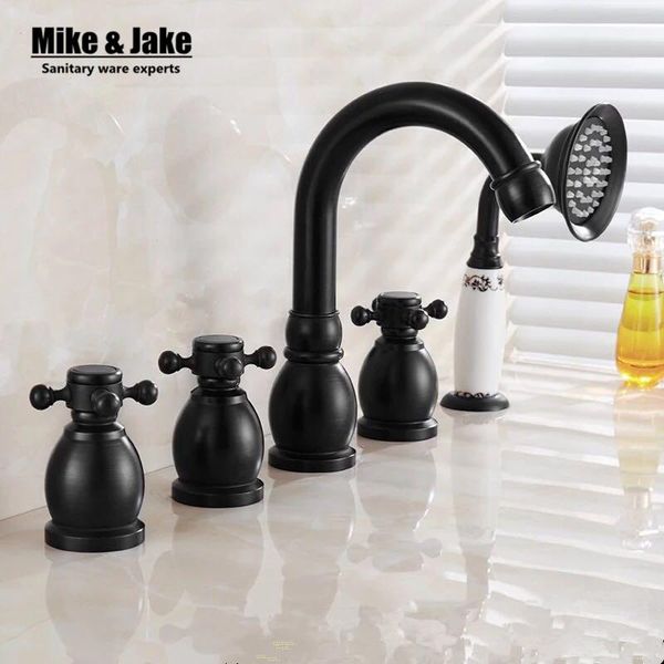 

black brass 5pcs bathroom tub sink faucet with hand shower deck mounted 5 holes three cross handles bathtub taps mj359 sets
