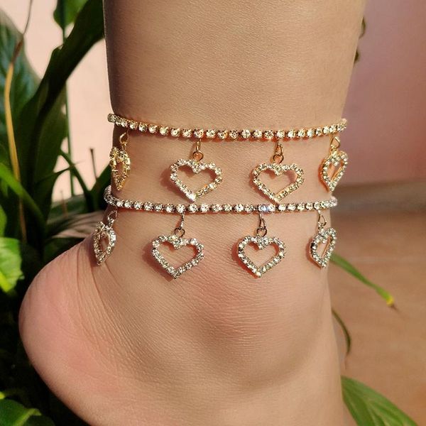 

anklets flatfoosie shiny heart crystal pendant for women gold silver color rhinestone tennis chain anklet bracelet foot jewelry, Red;blue