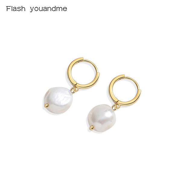 

hoop & huggie real 925 sterling silver earrings luxury baroque pearl pendant for women gifts bohemian charm fashion fine jewelry, Golden;silver