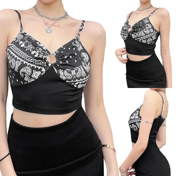 

women's swimwear v neck camisole, sleeveless spaghetti strap ring front paisley print crop cami, White;black