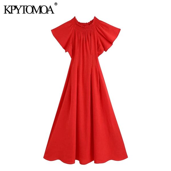 

women chic fashion with darts back smocked midi dress wide elastic neck ruffle sleeve female dresses mujer 210420, Black;gray