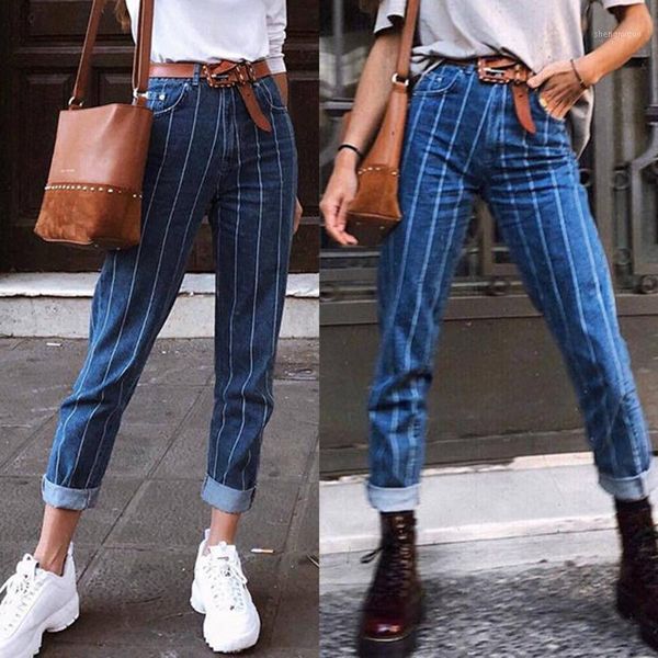 

women's jeans women autumn winter 2021 fashion stripe pocket button zipper elastic slim fit casual pants y826, Blue