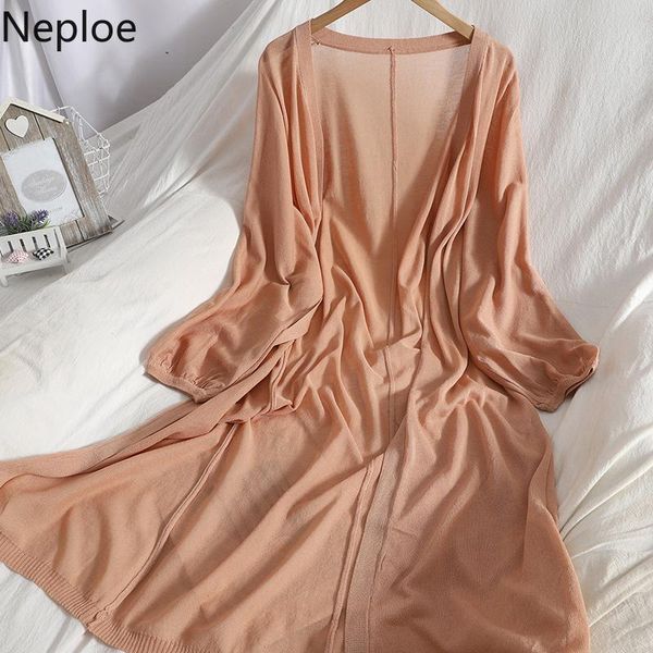 

women's knits & tees neploe summer long cardigan knitted jacket elegant slim fit simple sunscreen shirt korean loose solid fashion thin, White
