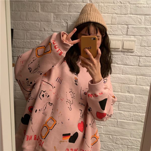 

2020 autumn womens clothes hoodies teen street harajuku hip hop pastel sweatshirt for girl's printing loose leisure hoodie sweater2022, Black