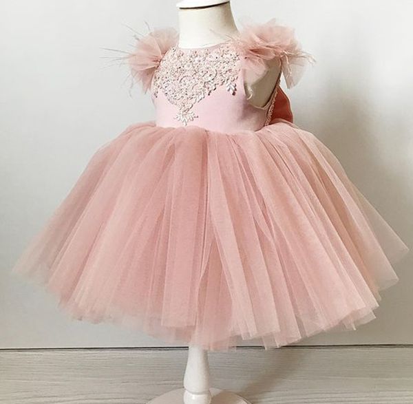 

2021 blush pink lace flower girl dresses ball gown tulle bow beaded lilttle kids birthday pageant weddding gowns zj674, White;blue