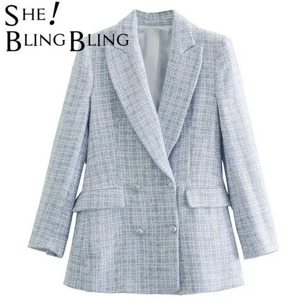 

sheblingbling za light blue women chic double breasted blazers coat female outerwear office lady jacket plaid suit workwear 211019, White;black