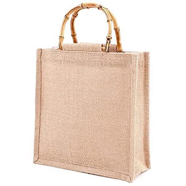 

storage bags portable shopping bag, jute bag bamboo with ring handles tote light brown