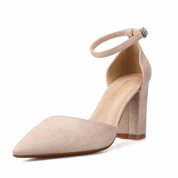

kid suede leather sandals fashion buckle ankle strap 8cm square high heels shoes women's summer j0059, Black