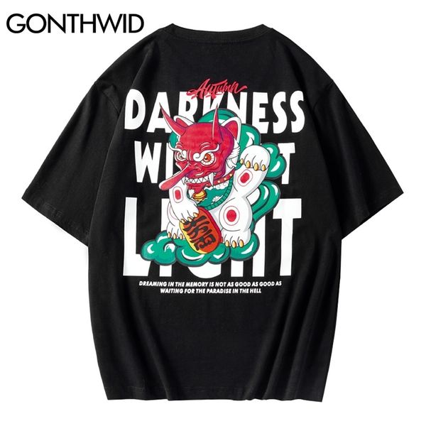

tshirts men hip hop casual streetwear cartoon devil print short sleeve cotton t-shirts loose fashion harajuku tees 210602, White;black