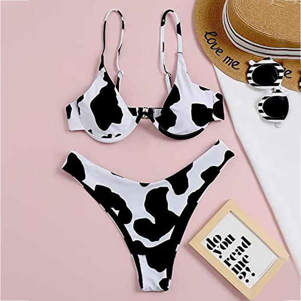

women's swimwear bikini 2021 high breast contrast cow print tube split set swimsuit bathing suit women, White;black